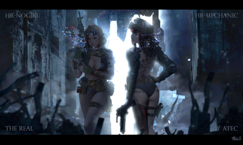 2girls bag black_hair firearm gun handgun helmet highres holographic_interface light multiple_girls pistol ruins submachine_gun weapon