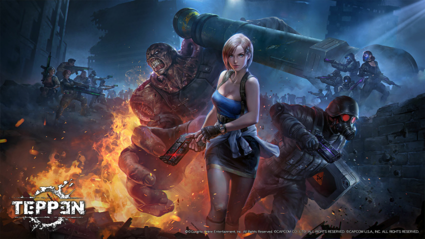 breasts brown_hair capcom cleavage clothes_around_waist embers english_commentary fire gas_mask gun handgun helmet highres hunk jeremy_chong jill_valentine looking_at_viewer mask nemesis night night_sky official_art parted_lips resident_evil resident_evil_3 rocket_launcher skirt sky strapless suspenders teppen tubetop weapon zombie