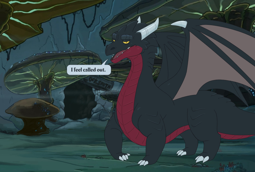 2019 absurd_res bad_dragon claws dialogue dragon duke_(bad_dragon) feral green_body green_scales hi_res horn looking_at_viewer meme red_body red_scales rick_and_morty scales solo standing text unimpressed wings yellow_eyes