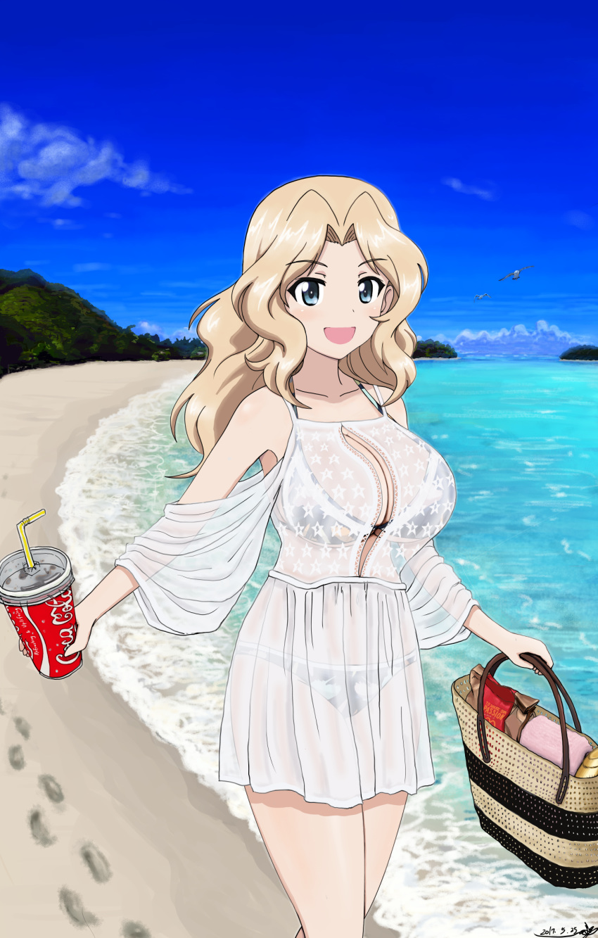 1girl artist_name basket beach bikini bikini_under_clothes bird black_bikini blonde_hair blue_eyes blue_sky breasts bukkuri cleavage cleavage_cutout cloud cloudy_sky coca-cola commentary_request cup dated day disposable_cup dress drinking_straw eyebrows_visible_through_hair footprints girls_und_panzer hair_intakes highres holding holding_cup kay_(girls_und_panzer) large_breasts long_hair long_sleeves looking_at_viewer navel ocean open_mouth print_bikini seagull see-through short_dress shoulder_cutout signature sky smile solo standing star star_print sundress swimsuit white_dress