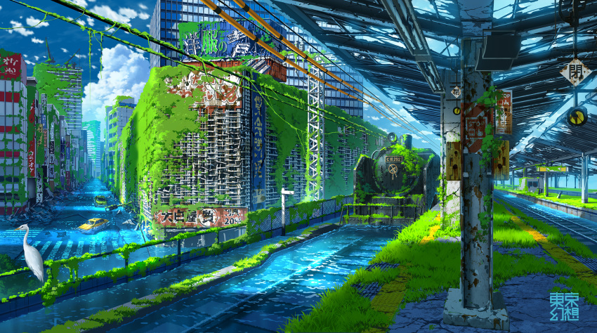 artist_name car city commentary_request crosswalk fantasy ground_vehicle highres huge_filesize moss motor_vehicle no_humans original overgrown railroad_tracks ruins scenery sidewalk sign tokyo_(city) tokyogenso train translation_request