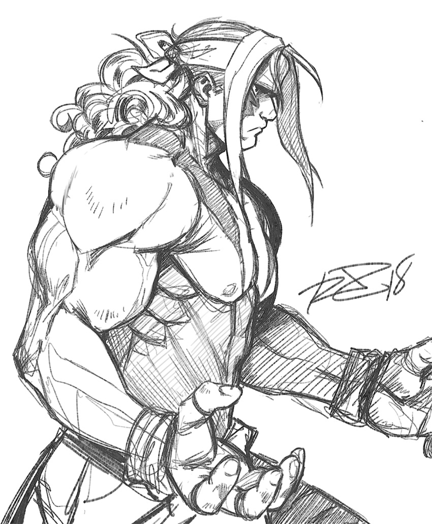 1boy 2018 alex_(street_fighter) curly_hair facepaint fighting_stance from_side headband highres long_hair male_focus monochrome muscle robert_porter shirtless signature sketch solo street_fighter street_fighter_iii_(series) suspenders_hanging