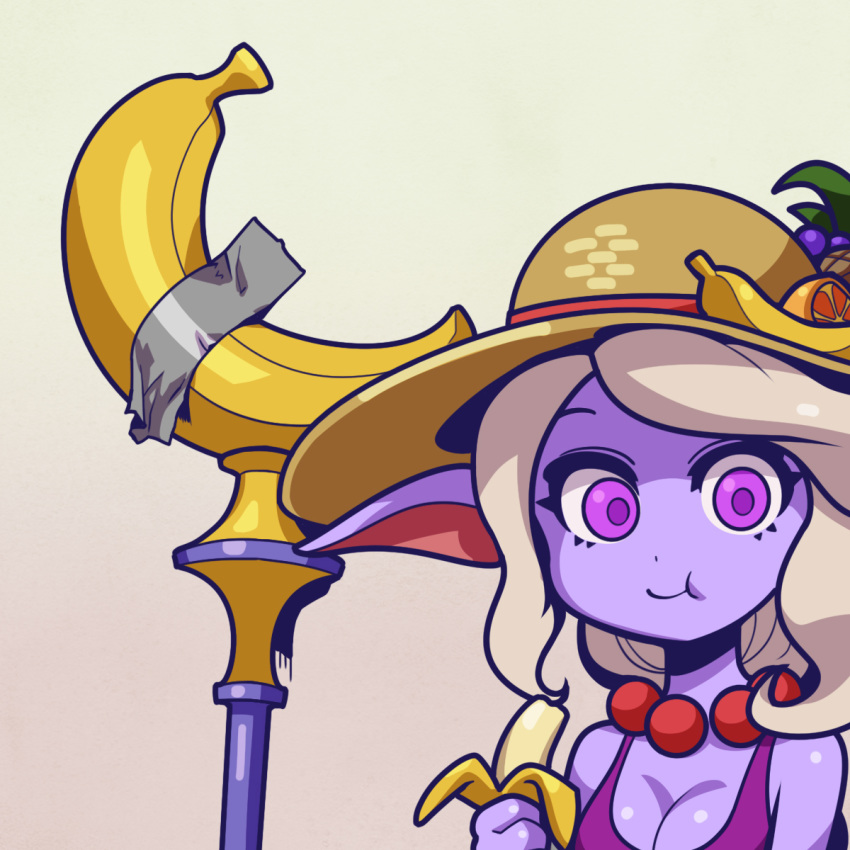 1girl :t banana breasts cleavage commentary duct_tape eating english_commentary food fruit fruit_hat hat highres jewelry league_of_legends long_hair medium_breasts necklace order_of_the_banana_soraka parody pearl_necklace phantom_ix_row pointy_ears purple_eyes purple_skin shiny shiny_skin silver_hair solo soraka sun_hat yordle
