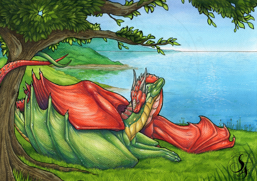 2019 claws day detailed_background dragon grass horn membrane_(anatomy) membranous_wings natoli outside scalie spines traditional_media_(artwork) tree water western_dragon wings