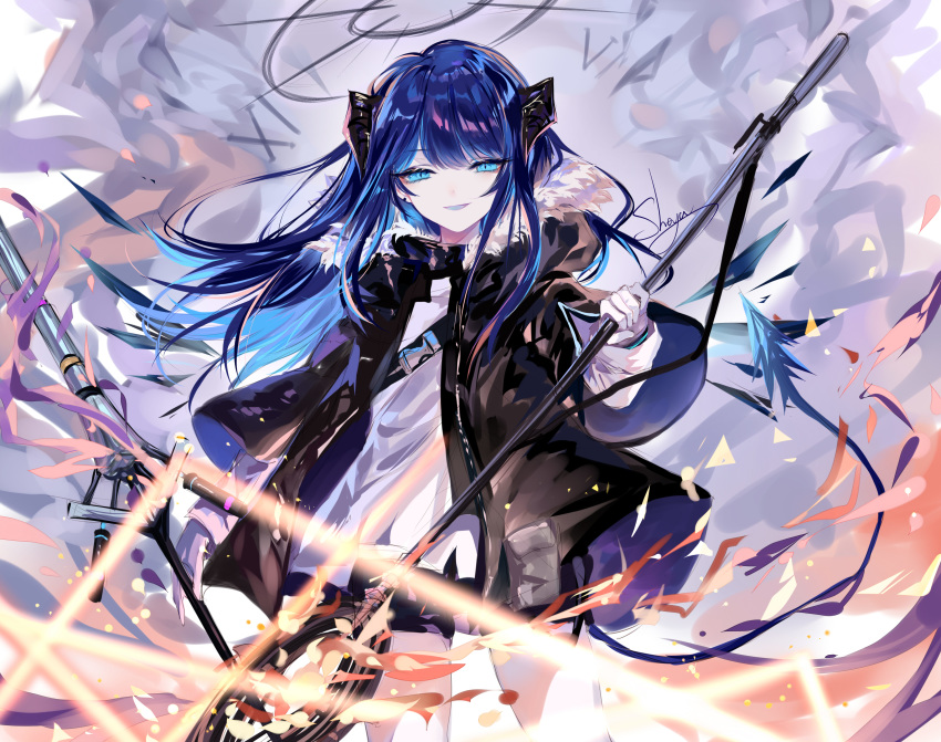 1girl :d absurdres arknights artist_name bangs black_jacket black_shorts blue_eyes blue_hair cowboy_shot eyebrows_visible_through_hair fur-trimmed_jacket fur_trim highres holding holding_weapon horns jacket long_hair long_sleeves looking_at_viewer mostima_(arknights) open_mouth sheya shirt short_shorts shorts signature smile solo standing weapon white_shirt wide_sleeves