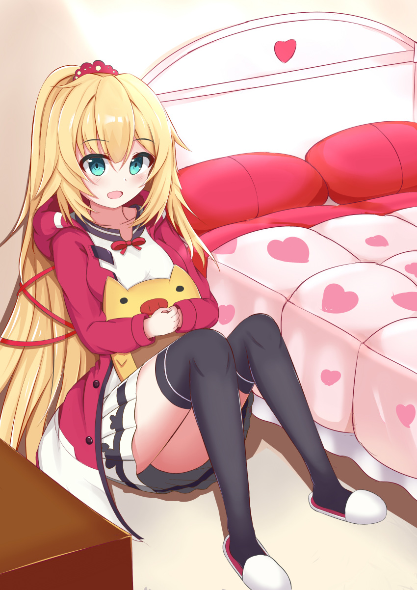 1girl absurdres akai_haato aqua_eyes bangs bed bedroom black_legwear blonde_hair cardigan collarbone collared_shirt eyebrows_visible_through_hair eyes_visible_through_hair haaton_(haato_channel) highres hololive juiceneko knees_up long_hair looking_at_viewer neck_ribbon open_mouth pleated_skirt red_cardigan red_ribbon ribbon shirt sidelocks sitting skirt slippers smile solo stuffed_animal stuffed_toy thighhighs very_long_hair virtual_youtuber white_shirt white_skirt