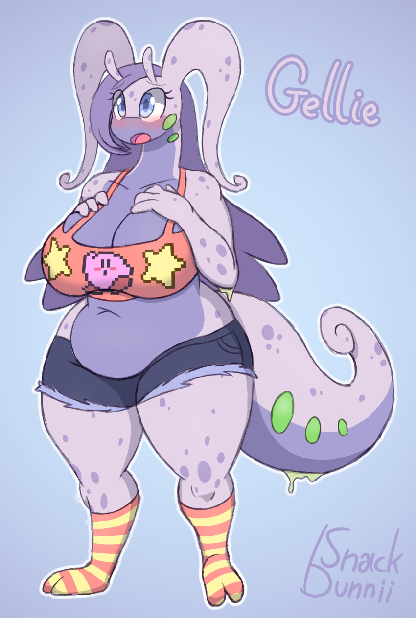 2019 2_toes 4_fingers absurd_res antennae_(anatomy) anthro belly big_breasts blue_eyes blush bottomwear breasts cleavage clothed clothing countershading crop_top curled_tail cutoffs deep_navel denim denim_clothing dragon eyelashes fan_character female fingers gellie_(snackbunnii) goodra hair hand_on_breast hi_res huge_breasts knee_socks legwear long_hair long_neck midriff navel nintendo open_mouth pattern_clothing pattern_legwear pok&eacute;mon pok&eacute;mon_(species) purple_body purple_hair shirt shorts slightly_chubby slime snackbunnii socks solo spots spotted_body standing striped_clothing striped_legwear stripes thick_tail thick_thighs toes tongue topwear video_games