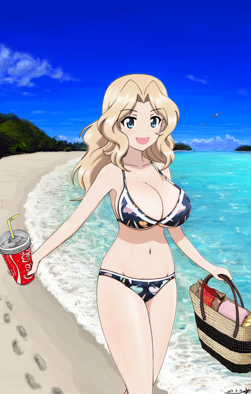 1girl artist_name basket beach bikini bird black_bikini blonde_hair blue_eyes blue_sky breasts bukkuri cleavage cloud cloudy_sky coca-cola commentary cup dated day disposable_cup drinking_straw eyebrows_visible_through_hair footprints girls_und_panzer hair_intakes highres holding holding_cup kay_(girls_und_panzer) large_breasts long_hair looking_at_viewer navel ocean open_mouth print_bikini seagull signature sky smile solo standing swimsuit