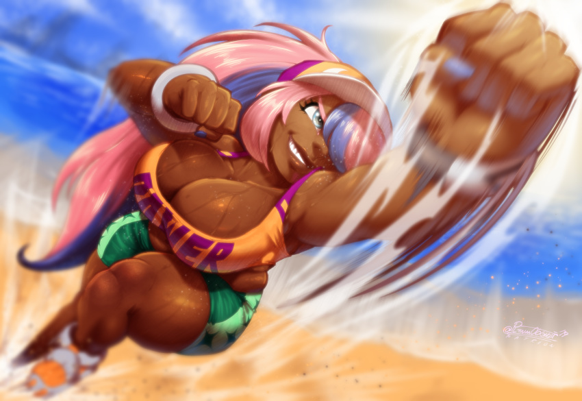 1girl beach bike_shorts blue_eyes blurry borrowed_character bracelet breasts cleavage clenched_hands commentary commission dark_skin depth_of_field english_commentary green_shorts grin hair_over_one_eye highres jewelry joe_shimamura large_breasts lips long_hair motion_blur muffin_top multicolored_hair nail_polish ocean original pink_hair ponytail punching purple_hair shoes shorts smile sneakers solo sweat swimsuit tankini thick_thighs thighs two-tone_hair uppercut very_long_hair