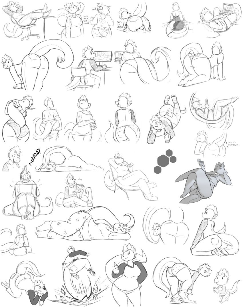 anthro big_butt biped blonde_hair breasts bree_(junk_planet) butt chair clothing computer curvy_figure desk dragon female furniture green_body green_scales hair hoodie horn laptop long_tail mohawk_(hairstyle) non-mammal_breasts potoobrigham sasha_(digitalpelican) scales scalie sketch slightly_chubby thick_tail thick_thighs topwear voluptuous wide_hips