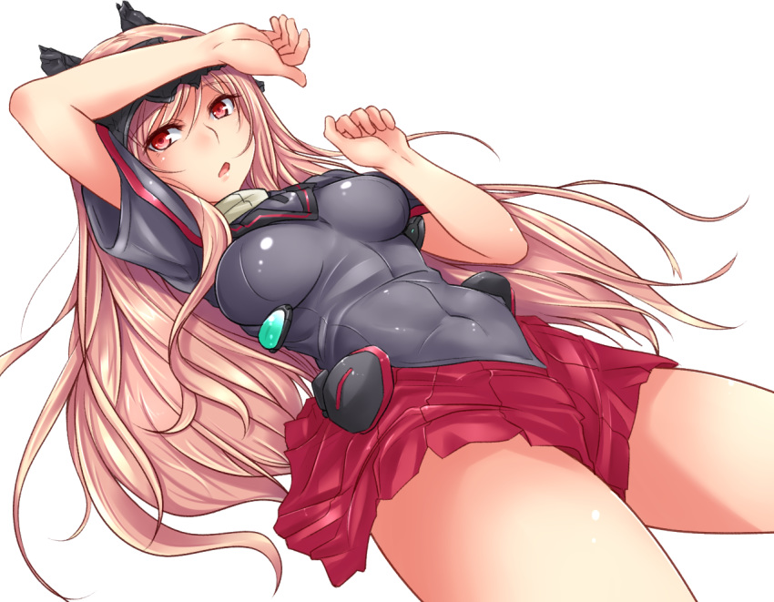 1girl arm_over_head arm_up bangs black_shirt blonde_hair breasts covered_navel darius darius_burst eyebrows_visible_through_hair headgear kitayama_miuki long_hair looking_at_viewer lying medium_breasts miniskirt on_back open_mouth pleated_skirt red_eyes red_skirt shirt short_sleeves simple_background skirt solo ti2 white_background