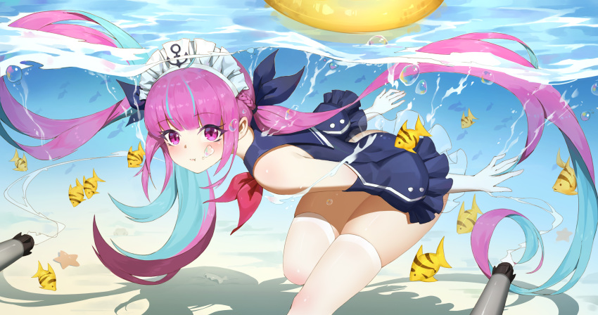 1girl absurdres azur_lane bangs blue_swimsuit blunt_bangs bubble chinese_commentary closed_mouth commentary_request crossover detached_sleeves eyebrows_visible_through_hair fish gloves highres hololive innertube leaning_forward leg_up looking_at_viewer maid_headdress minato_aqua moonofmonster multicolored_hair one-piece_swimsuit purple_hair shadow sidelocks solo standing standing_on_one_leg streaked_hair swimsuit thighhighs torpedo twintails underwater white_gloves white_legwear