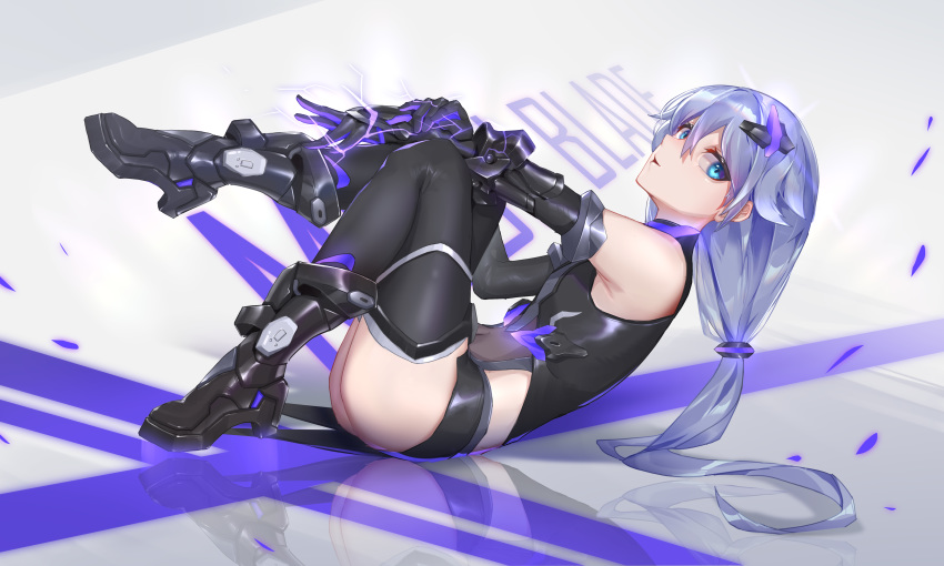 1girl absurdres armpits ass bangs bare_shoulders black_footwear black_gloves black_legwear black_leotard blue_eyes boots chinese_commentary commentary_request covered_navel elbow_gloves electricity english_text from_above fu_hua full_body gloves hair_between_eyes highres honkai_(series) honkai_impact_3rd knee_boots legs_up leotard long_hair looking_at_viewer looking_to_the_side low_ponytail lying on_back parted_lips purple_hair reflective_eyes reflective_floor smile solo thighhighs wucanming