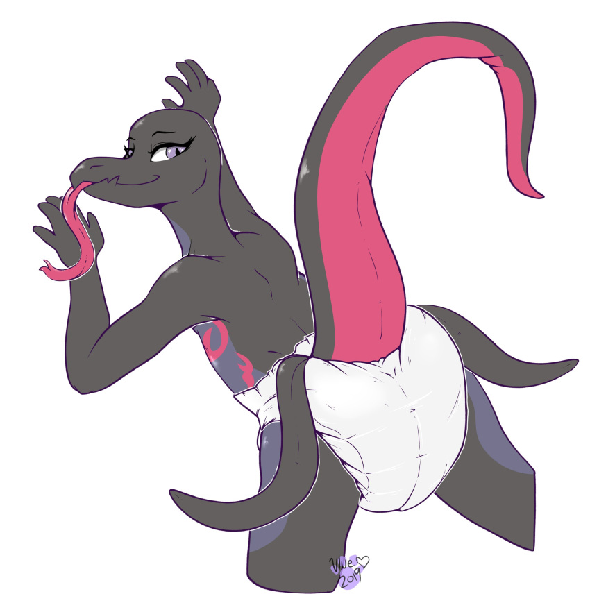 2019 absurd_res anthro diaper eyelashes female furgonomics hi_res looking_at_viewer looking_back maynara nintendo pok&eacute;mon pok&eacute;mon_(species) presenting raised_tail salazzle simple_background solo tongue tongue_out video_games white_background