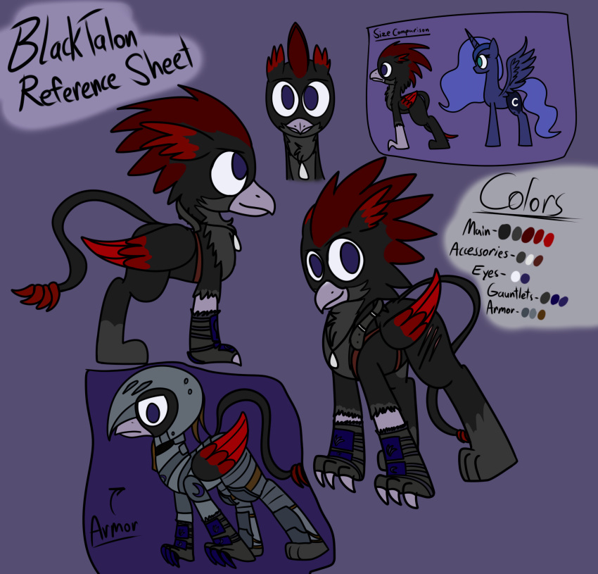 absurd_res armor avian beak black_body black_feathers blacktalon(oc) fan_character feathers friendship_is_magic grey_body grey_feathers gryphon happy hi_res invalid_tag jewelry model_sheet my_little_pony necklace paws princess_luna_(mlp) purple_eyes red_body red_feathers scar smile talons