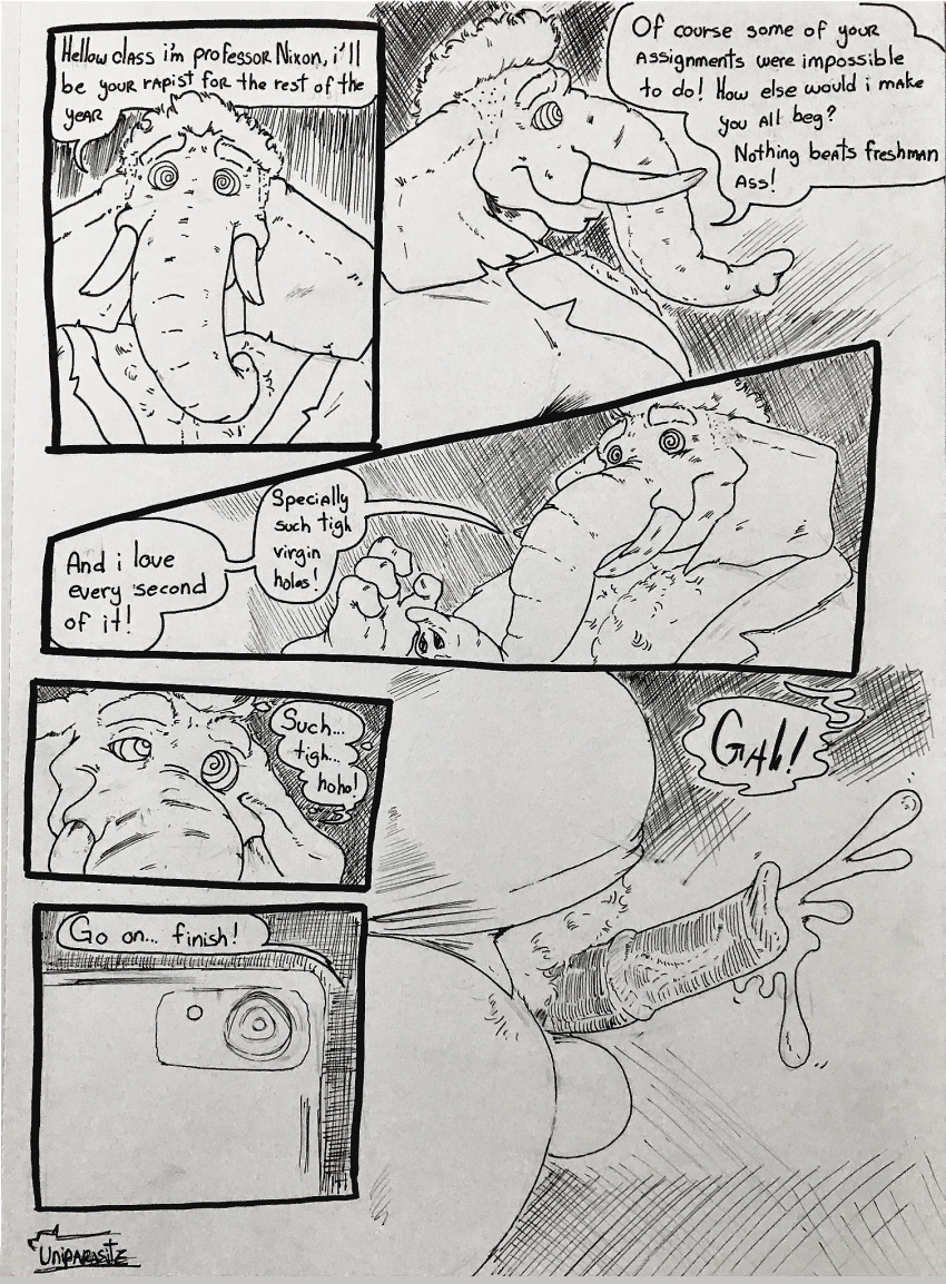 2019 4_fingers animal_genitalia animal_penis anthro belly bodily_fluids cellphone clothing comic cum cumshot dialogue dress_shirt ejaculation elephant elephantid english_text erection fingers genital_fluids hair hands-free hypnosis male mammal medial_ring mind_control muscular muscular_male off_screen_character orgasm penis phone proboscidean professor recording shirt smartphone smile solo speech_bubble spiral_eyes submissive submissive_male text topwear trunk tusks uniparasite