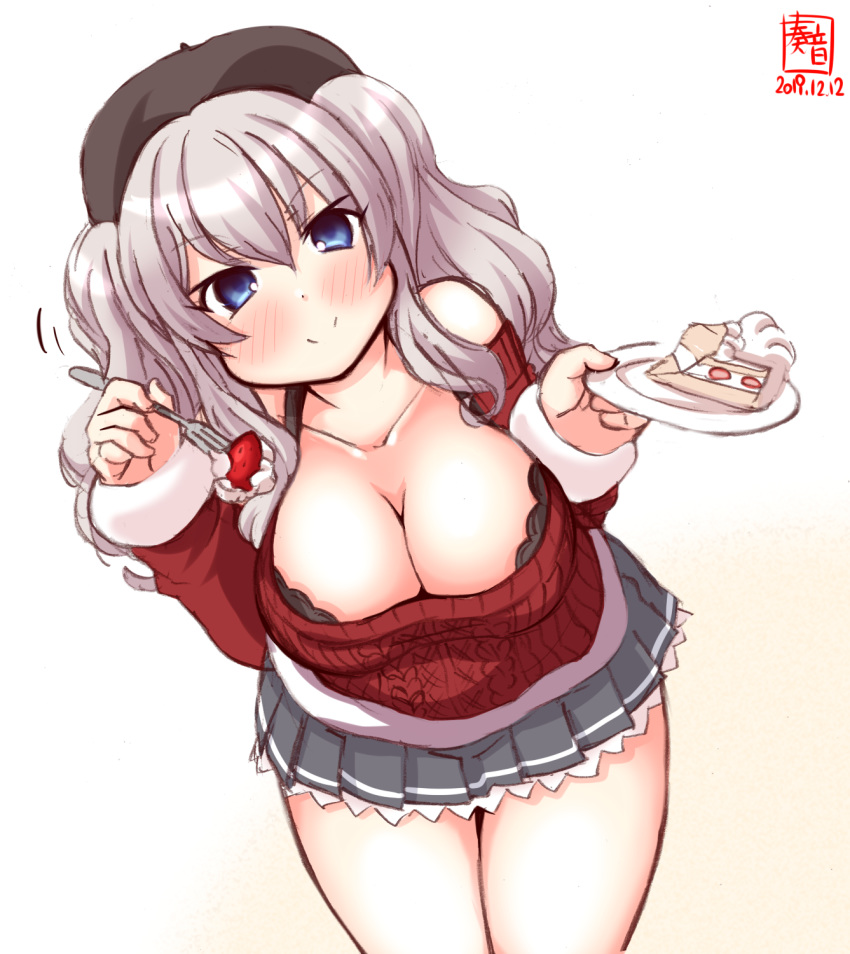 1girl alternate_costume artist_logo beret black_headwear blue_eyes breasts cake cleavage commentary_request cowboy_shot dated food fruit grey_skirt hat highres kanon_(kurogane_knights) kantai_collection kashima_(kantai_collection) large_breasts leaning_forward leaning_to_the_side looking_at_viewer plate pleated_skirt red_sweater sidelocks silver_hair simple_background skirt slice_of_cake smile solo strawberry strawberry_shortcake sweater twintails wavy_hair white_background