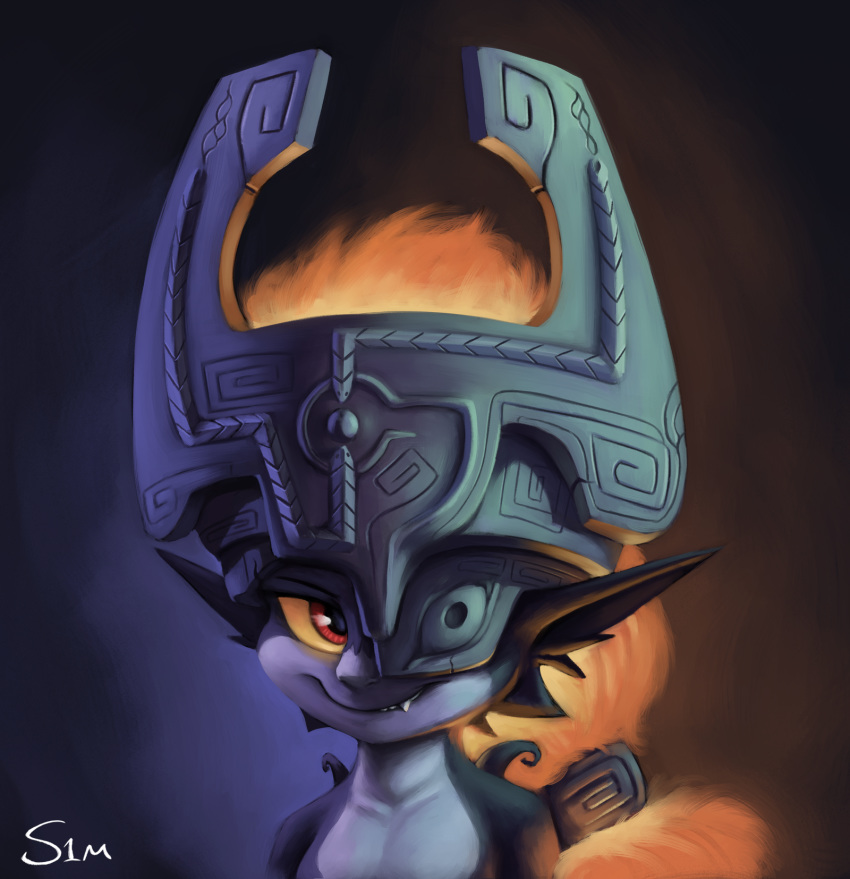 black_background black_body fangs grey_body hair headgear humanoid imp light lighting looking_at_viewer midna nintendo not_furry orange_hair red_eyes s1m simple_background smile snaggle_tooth solo teeth the_legend_of_zelda twilight_princess video_games