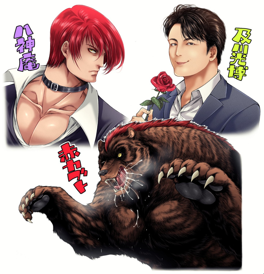 2boys bear black_hair brown_fur character_request choker claws flower highres looking_at_viewer miru_(mill_36) multiple_boys red_hair rose the_king_of_fighters white_background yagami_iori