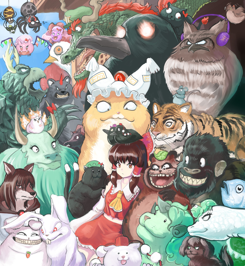 1girl @_@ absurdres animal annoyed bare_shoulders bat_wings bear bird black_eyes bow brown_eyes brown_hair bug bunny cat chen chen_(cat) chicken cloud collared_shirt cowboy_hat crow crystal detached_sleeves dog dragon evil_smile fang fish flandre_scarlet flandre_scarlet_(bat) fox frilled_bow frilled_skirt frills frog fujiwara_no_mokou fujiwara_no_mokou_(phoenix) futatsuiwa_mamizou futatsuiwa_mamizou_(tanuki) glaring grimace hair_bow hair_tubes hakurei_reimu hat hat_ribbon highres himekaidou_hatate himekaidou_hatate_(crow) hong_meiling hoshiguma_yuugi houjuu_nue imaizumi_kagerou imaizumi_kagerou_(wolf) inaba_tewi inaba_tewi_(bunny) inubashiri_momiji inubashiri_momiji_(wolf) kaenbyou_rin kaenbyou_rin_(cat) kamishirasawa_keine kamishirasawa_keine_(hakutaku) kasodani_kyouko kasodani_kyouko_(yamabiko) kicchou_yachie kicchou_yachie(jidiao) komano_aun komano_aun_(komainu) kurodani_yamame kurodani_yamame_(spider) kurokoma_saki kurokoma_saki_(pegasus) laughing leaf leaf_on_head looking_at_another looking_at_viewer midriff mob_cap moriya_suwako moriya_suwako_(frog) mouse mystia_lorelei mystia_lorelei_(bird) nazrin nazrin_(mouse) niwatari_kutaka niwatari_kutaka_(chicken) open_mouth pom_poms profitshame red_bow red_eyes red_ribbon red_shirt red_skirt reisen_udongein_inaba reisen_udongein_inaba_(bunny) reiuji_utsuho reiuji_utsuho_(bird) remilia_scarlet remilia_scarlet_(bat) ribbon ribbon-trimmed_sleeves ribbon_trim shameimaru_aya shameimaru_aya_(crow) shirt skirt skirt_set sky sleeveless sleeveless_shirt smile snake spider teeth tiger tokin_hat tongue toramaru_shou toramaru_shou_(tiger) touhou toyosatomimi_no_miko toyosatomimi_no_miko_(owl) ushizaki_urumi ushizaki_urumi(ushi_oni) wakasagihime wakasagihime_(fish) wings wolf wriggle_nightbug wriggle_nightbug_(bug) yakumo_ran yakumo_ran_(fox) yasaka_kanako yasaka_kanako_(snake) yellow_neckwear