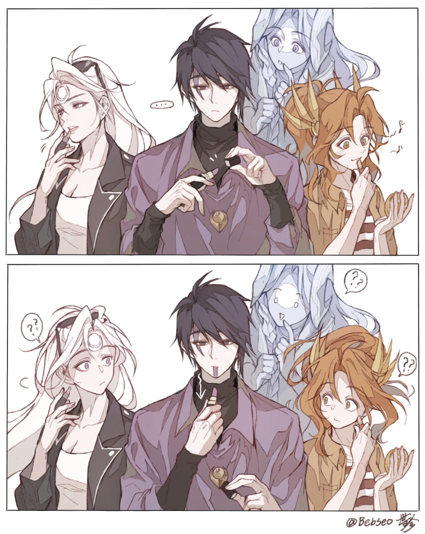 1boy 3girls ? ?? aphelios applying_makeup bebseo black_eyes black_hair breasts character_request cleavage coat crescent diana_(league_of_legends) facial_mark facial_tattoo ghost hair_over_one_eye highres jacket league_of_legends lipstick long_hair makeup multiple_girls seo_love short_hair siblings spirit surprised sweater tattoo turtleneck turtleneck_sweater white_hair