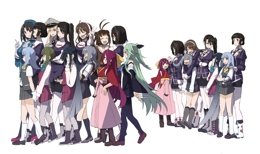 6+girls absurdres antenna_hair ashigara_(kantai_collection) bangs beret bismarck_(kantai_collection) black_hair black_legwear blonde_hair blue_hair blush boots breasts brown_hair closed_eyes cross-laced_footwear crossed_arms detached_sleeves dress dual_persona fang from_side full_body gloves gradient_hair green_hair grey_hair grey_legwear haguro_(kantai_collection) hair_ornament hairband hakama hat hatsukaze_(kantai_collection) hayashimo_(kantai_collection) highres japanese_clothes kamikaze_(kantai_collection) kantai_collection kasumi_(kantai_collection) kimono long_hair long_sleeves meiji_schoolgirl_uniform multicolored_hair multiple_girls myoukou_(kantai_collection) nachi_(kantai_collection) naka_(kantai_collection) one_eye_closed open_mouth pantyhose peaked_cap pencil_skirt pinafore_dress pink_hakama pleated_skirt ponytail purple_hair remodel_(kantai_collection) sailor_collar school_uniform serafuku short_hair short_sleeves side_ponytail simple_background skirt smile socks standing suspender_skirt suspenders sweat sweatdrop takanami_(kantai_collection) takao_(kantai_collection) tsuji_kazuho v vest walking white_background white_gloves white_legwear wide_sleeves yamakaze_(kantai_collection)