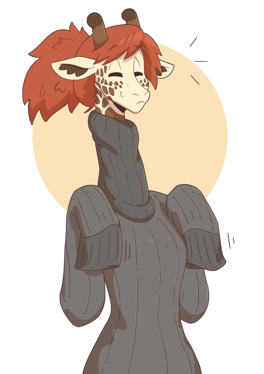 2019 anthro clothed clothing digital_media_(artwork) female fur giraffe giraffid hair happy horn mammal red_hair simple_background slightlysimian smile solo spots spotted_body spotted_fur spotted_skin sweater tall topwear turtleneck_sweater white_background