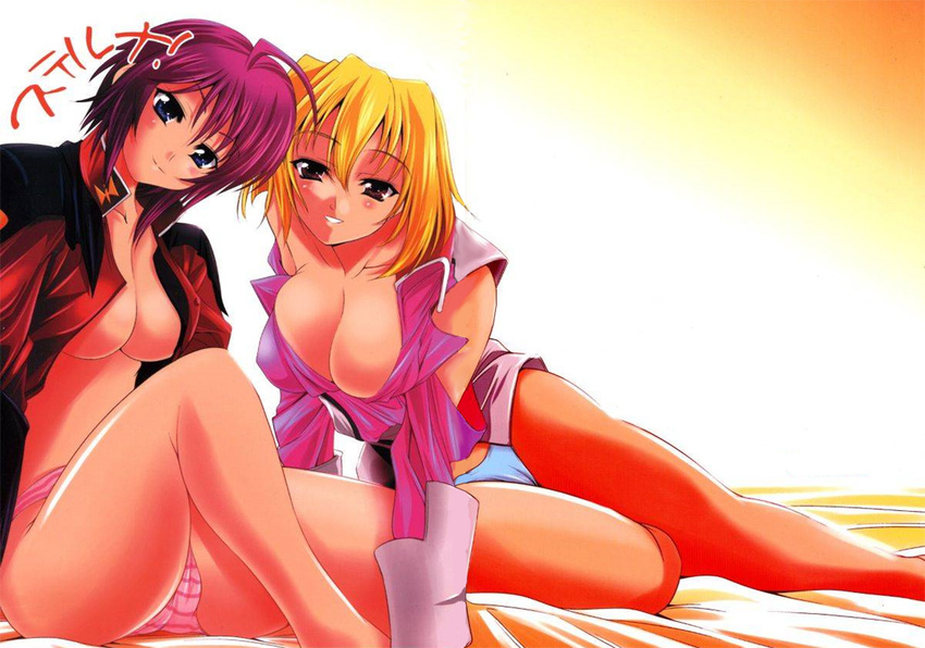 ahoge arm_support bed blonde_hair blue_eyes blue_panties blush breasts cleavage gundam gundam_seed gundam_seed_destiny head_tilt jpeg_artifacts large_breasts long_sleeves lunamaria_hawke lying military military_uniform multiple_girls no_bra no_panties non-web_source on_side open_clothes open_shirt panties pink_hair pink_panties red_eyes shirt short_hair sitting smile stellar_loussier striped striped_panties underwear uniform yasui_riosuke