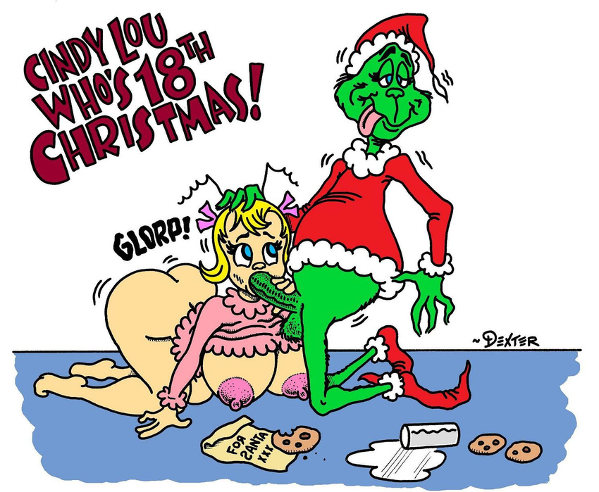 balls big_breasts blonde_hair bottomless breasts butt christmas cindy_lou_who clothed clothing dexter_cockburn dr_seuss english_text erection fellatio female fur fuzzy_nipples green_fur green_penis grinch hair half-dressed holidays how_the_grinch_stole_christmas huge_breasts interspecies male nipples oral oral_sex penis pickle_cock sex sound_effects straight text tongue who