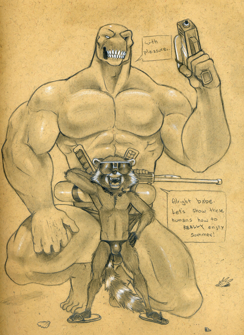 2019 abs alien anthro beach beta_ray_bill biceps big_muscles bulge clothed clothing duo eyewear footwear fur guardians_of_the_galaxy gun handgun holding_object holding_weapon looking_at_viewer male male/male mammal marvel muscular muscular_male obliques open_mouth outside pecs procyonid raccoon ranged_weapon rocket_raccoon sand sandals seaside shoes simple_background size_difference smile speedo swimwear topless triceps tush weapon