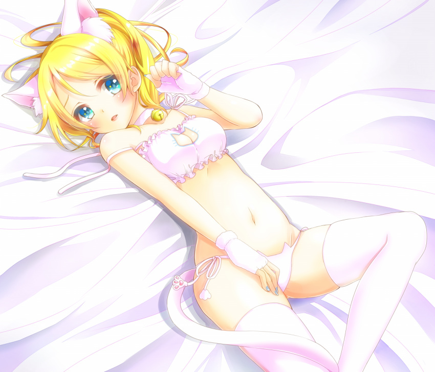 1girl animal_ear_fluff animal_ears animal_print aoi_(kiyokiyoaomushi) ayase_eli bed_sheet bell bell_collar blonde_hair blue_eyes blue_nails blush bra breasts cat_ears cat_lingerie cat_panties cat_print cinderella_bust cleavage cleavage_cutout collar fingerless_gloves from_above gloves groin hair_between_eyes hand_on_lap highres lingerie long_hair love_live! love_live!_school_idol_project lying medium_breasts meme_attire nail_polish navel on_back open_mouth panties print_panties shiny shiny_hair side-tie_panties solo thighhighs underwear underwear_only white_bra white_gloves white_legwear white_panties