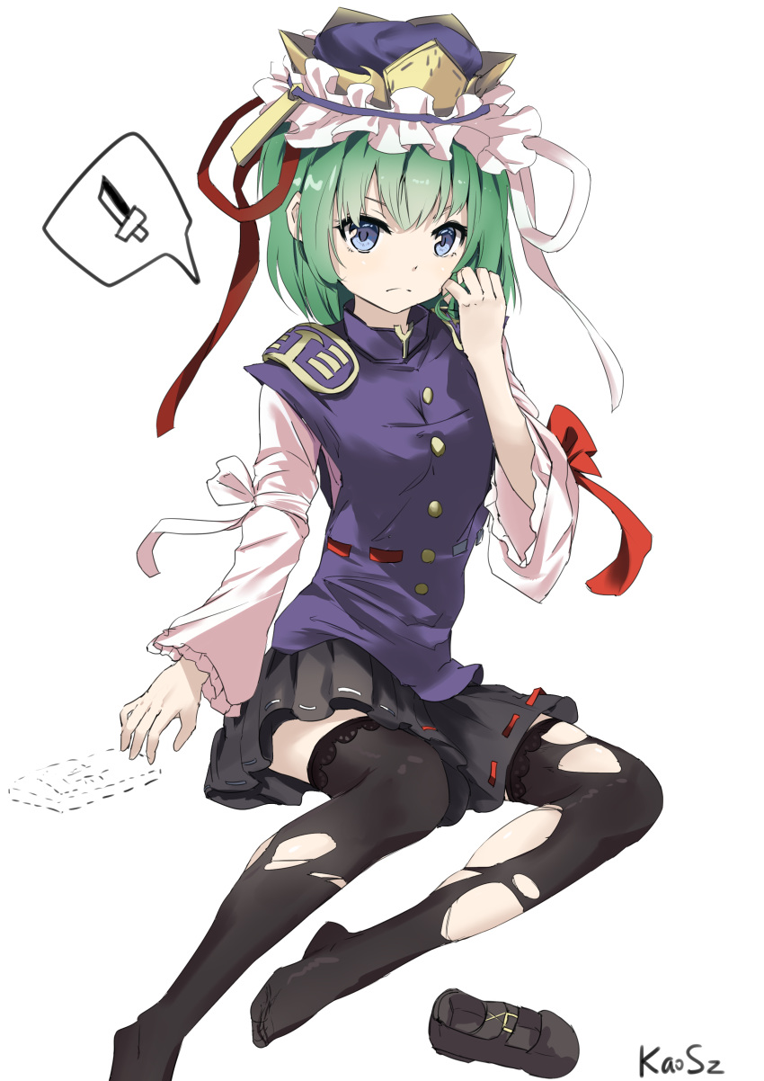 1girl absurdres angry black_footwear blouse blue_eyes damaged enma_(mythology) frills green_hair grimace hand_up hat highres kaoshuzi long_sleeves looking_at_viewer mary_janes ribbon shiki_eiki shoes simple_background skirt solo torn_clothes torn_legwear touhou vest white_background