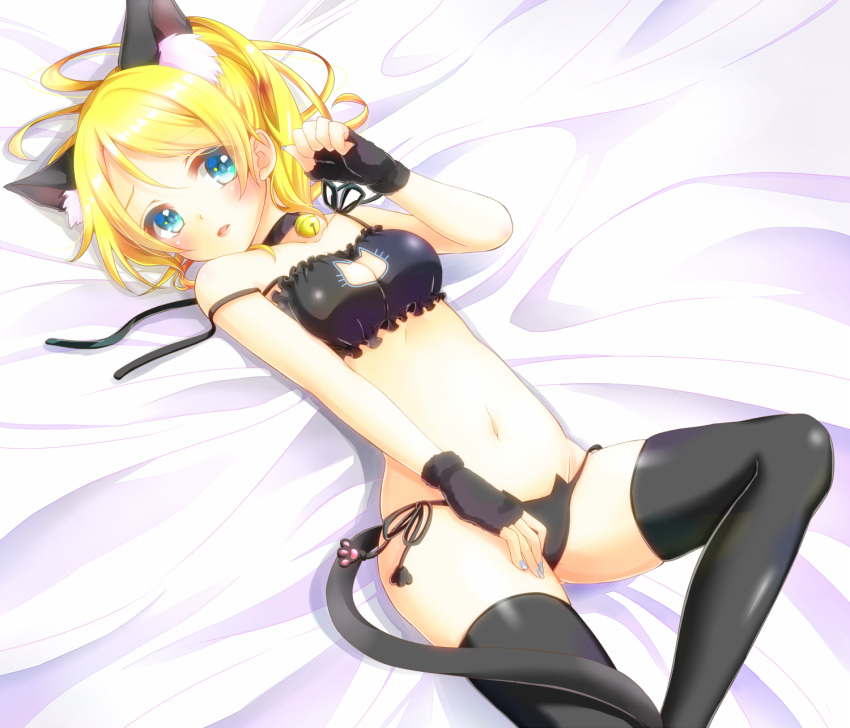 1girl animal_ear_fluff animal_ears animal_print aoi_(kiyokiyoaomushi) ayase_eli bed_sheet bell bell_collar black_bra black_gloves black_legwear black_panties blonde_hair blue_eyes blue_nails blush bra breasts cat_ears cat_lingerie cat_panties cat_print cinderella_bust cleavage cleavage_cutout collar fingerless_gloves from_above gloves groin hair_between_eyes hand_on_lap highres lingerie long_hair love_live! love_live!_school_idol_project lying medium_breasts meme_attire nail_polish navel on_back open_mouth panties print_panties shiny shiny_hair side-tie_panties solo thighhighs underwear underwear_only