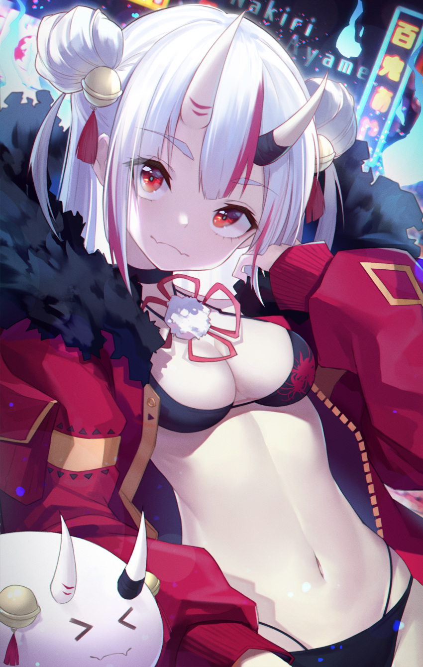 &gt;_&lt; 1girl bell bikini bikini_under_clothes black_bikini black_choker blue_fire breasts character_name choker cleavage closed_eyes closed_mouth commentary_request double_bun fangs fangs_out fire floral_print fur-trimmed_jacket fur_trim hair_bell hair_ornament hand_up highleg highleg_bikini highres hitodama hitokuchii hololive jacket jingle_bell layered_bikini long_hair long_sleeves looking_at_viewer medium_breasts multicolored_hair nakiri_ayame navel neon_lights oni oni_horns open_clothes open_jacket poyoyo_(ayame_channel) print_bikini puffy_long_sleeves puffy_sleeves red_eyes red_hair red_jacket sleeves_past_wrists solo streaked_hair swimsuit two_side_up virtual_youtuber white_hair