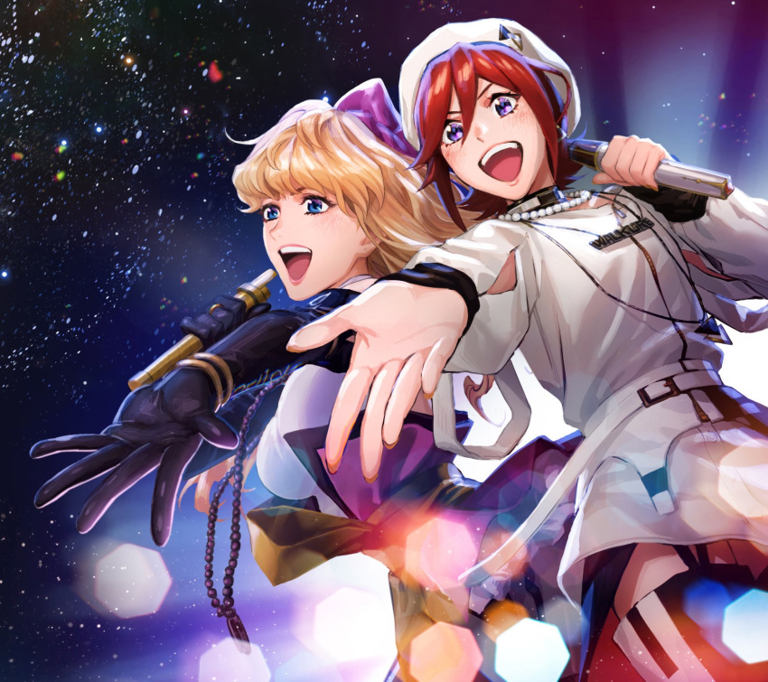 2girls :d black_gloves blonde_hair blue_eyes dress elbow_gloves garter_straps gloves hat highres holding holding_microphone kaname_buccaneer lens_flare long_hair macross macross_delta macross_frontier microphone mosako multiple_girls music open_mouth outstretched_arm outstretched_hand purple_eyes red_hair sheryl_nome shiny shiny_hair shirt short_hair singing sky smile standing star_(sky) starry_sky thighhighs white_dress white_headwear white_shirt