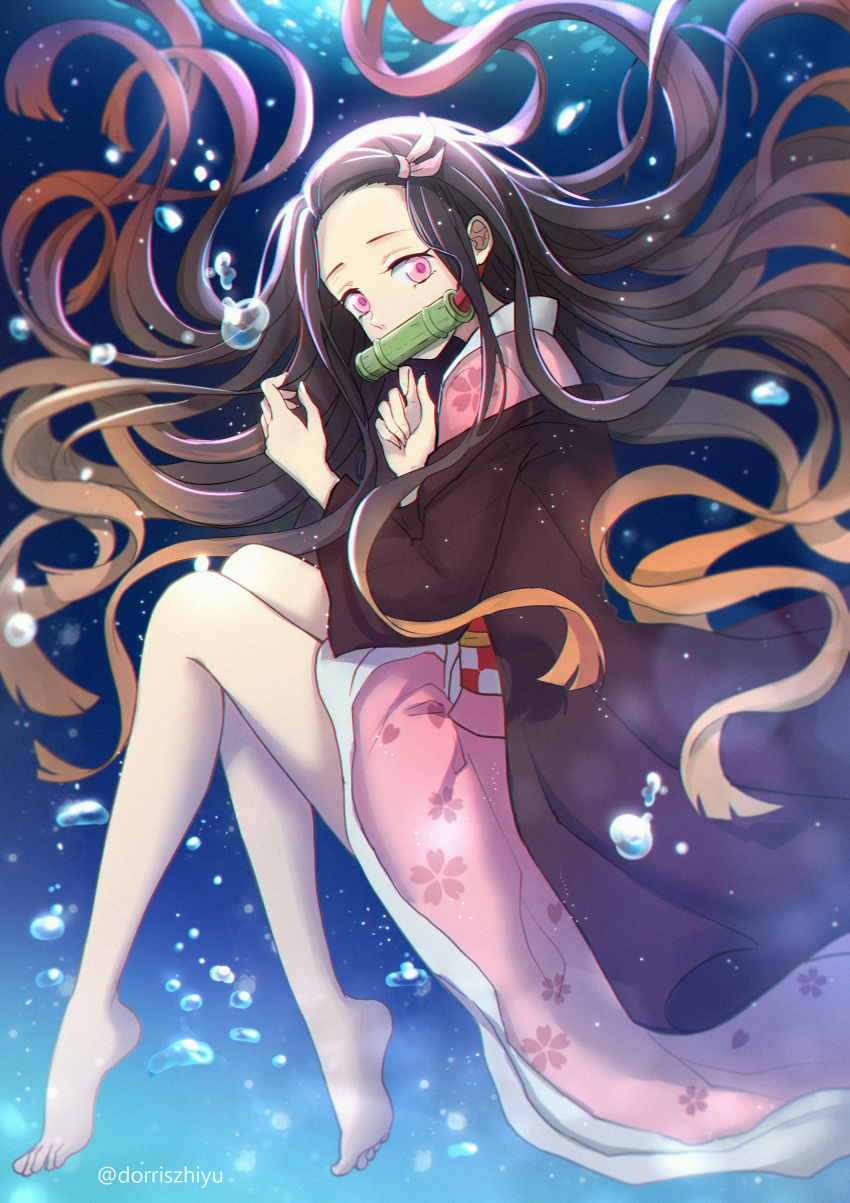 1girl absurdres bamboo barefoot bit_gag black_hair bubble dorris fingernails gag hair_ribbon haori highres japanese_clothes kamado_nezuko kimetsu_no_yaiba kimono multicolored_hair orange_hair pink_eyes ribbon sharp_fingernails two-tone_hair underwater