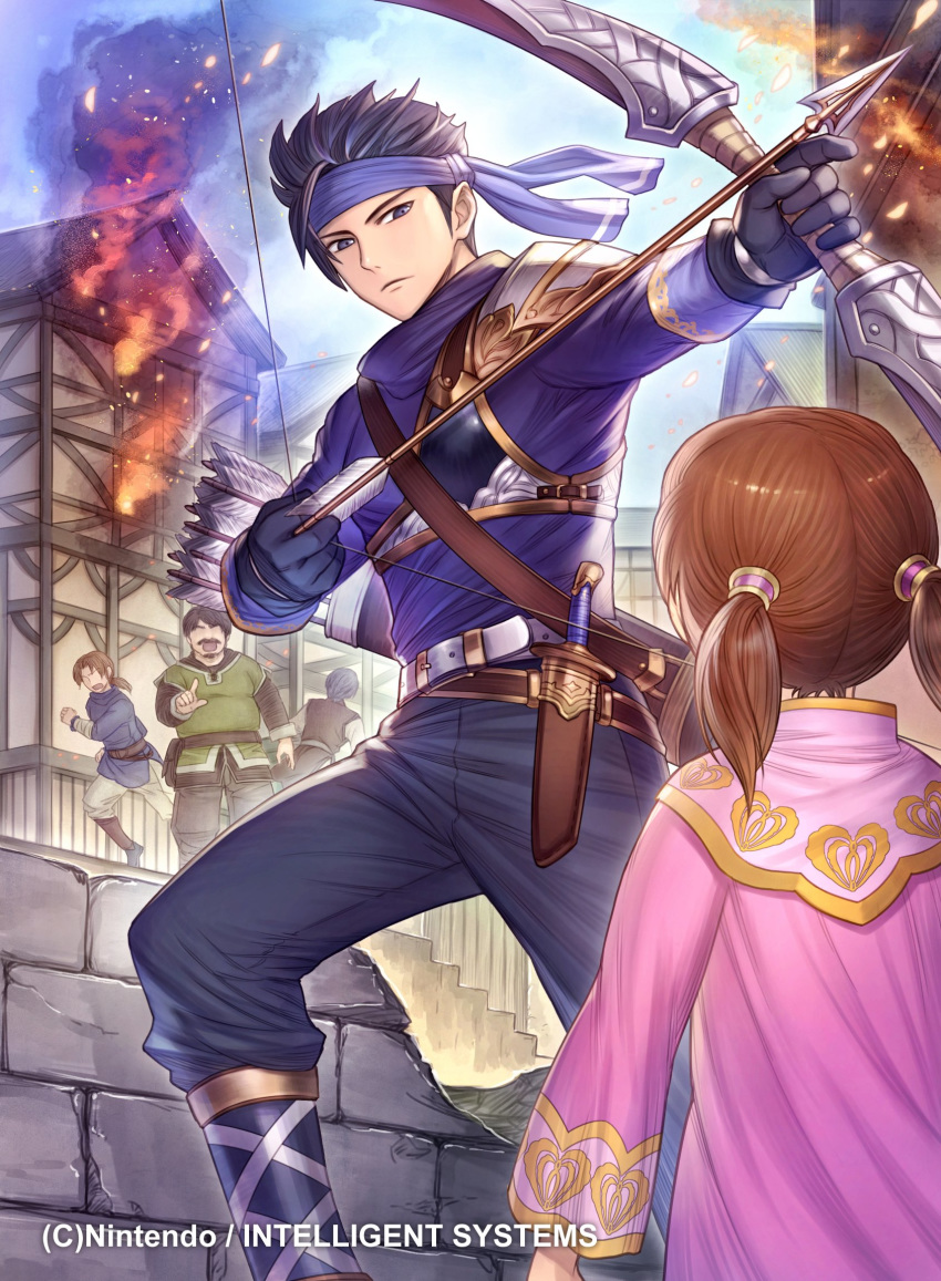 1boy arrow asaello_(fire_emblem) black_hair bow_(weapon) brown_hair child faceless faceless_female faceless_male facial_hair fire fire_emblem fire_emblem:_genealogy_of_the_holy_war fire_emblem_cipher gloves headband highres kh_kyo_hibiki mustache open_mouth purple_eyes solo twintails weapon