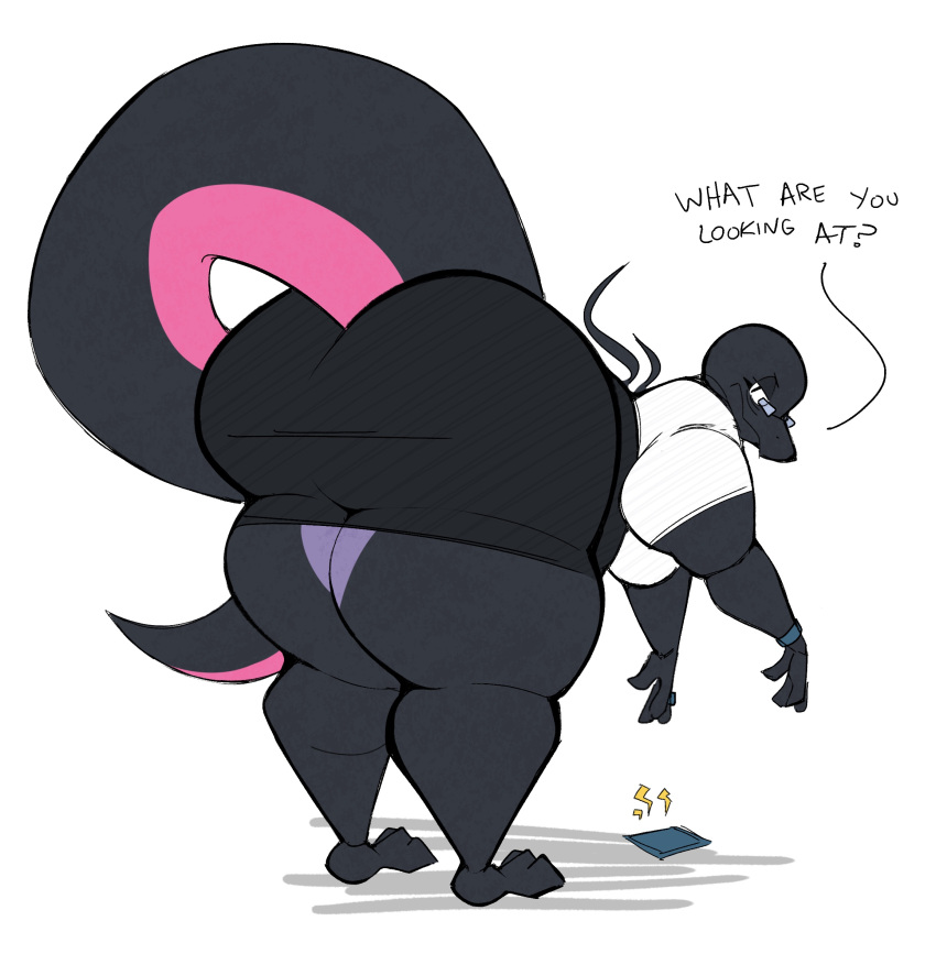2019 3_toes 4_fingers aimbot-jones anthro barefoot bent_over big_butt bottomwear breasts butt clothed clothing dialogue english_text eyelashes eyewear female fingers glasses half-closed_eyes huge_butt looking_back narrowed_eyes nintendo non-mammal_breasts overweight overweight_female pok&eacute;mon pok&eacute;mon_(species) rear_view reptile salazzle scalie shirt skirt solo standing text thick_tail thick_thighs tight_clothing toes topwear video_games wide_hips