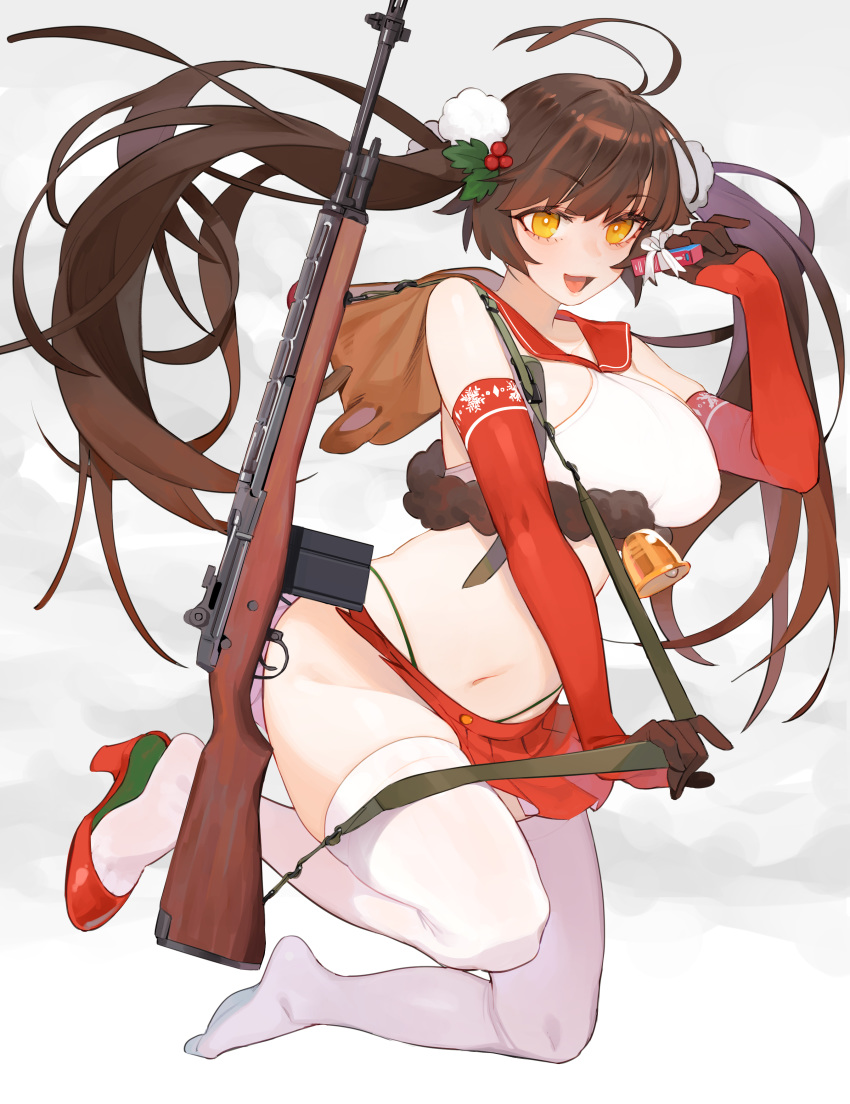 1girl absurdres alternate_costume antenna_hair bangs battle_rifle bell breasts brown_hair elbow_gloves eyebrows_visible_through_hair full_body girls_frontline gloves gun hair_ornament high_heels highres juz large_breasts long_hair looking_at_viewer m14 m14_(girls_frontline) miniskirt navel open_mouth red_footwear red_gloves red_skirt rifle sailor_collar shoes single_shoe skindentation skirt solo thighhighs twintails weapon white_legwear yellow_eyes