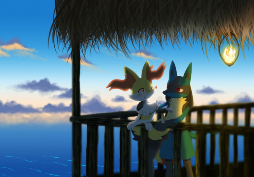 2014 ambiguous_gender anthro biped blush braixen canid canine cloud detailed_background digital_media_(artwork) duo fur inner_ear_fluff lucario mammal multicolored_body multicolored_fur nintendo nude outside pok&eacute;mon pok&eacute;mon_(species) red_eyes sea sky standing tuft video_games water winick-lim