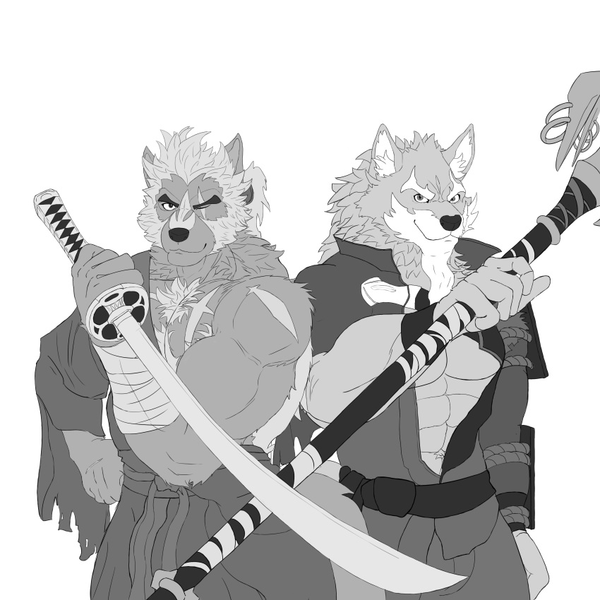 1:1 2019 5_fingers absurd_res anthro body_hair canid canine canis chest_hair clothed clothing duo fingers fur greyscale hi_res holding_katana holding_mace holding_object holding_sword holding_weapon humanoid_hands iroh_art katana law_(sdorica_sunset) mace male mammal melee_weapon monochrome morihiko multicolored_body multicolored_fur muscular muscular_male scar sdorica sdorica_sunset simple_background sword two_tone_body two_tone_fur weapon white_background wolf