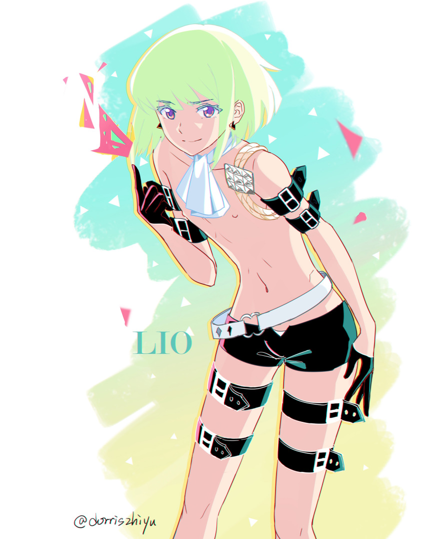 1boy belt black_gloves blonde_hair character_name cravat dorris fire gloves highres index_finger_raised lio_fotia male_focus promare purple_eyes shirtless short_shorts shorts smile