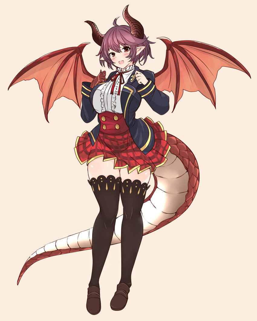 1girl absurdres bandaged_arm bandages bikini_skirt blue_bikini_top brown_wings center_frills dragon_girl dragon_horns dragon_tail dragon_wings frilled_shirt frills granblue_fantasy grea_(shingeki_no_bahamut) hair_ornament highres horns plaid plaid_skirt pointy_ears purple_hair red_skirt sakogamitokuan shadowverse shirt skirt tail wings