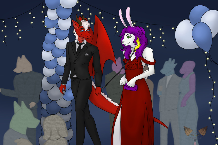 anthro clothing deanwolfwood dragon dress girly hare hi_res lagomorph leash leporid male mammal party prom rabbit scalie tux