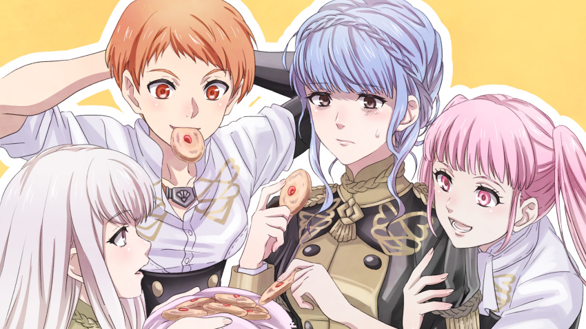 4girls arms_up blue_hair braid brown_eyes closed_mouth cookie crown_braid eating fire_emblem fire_emblem:_three_houses food from_side garreg_mach_monastery_uniform highres hilda_valentine_goneril kaji_(t69) leonie_pinelli long_hair long_sleeves lysithea_von_ordelia marianne_von_edmund multiple_girls open_mouth orange_eyes orange_hair pink_eyes pink_hair short_hair simple_background twintails uniform upper_body white_hair yellow_background