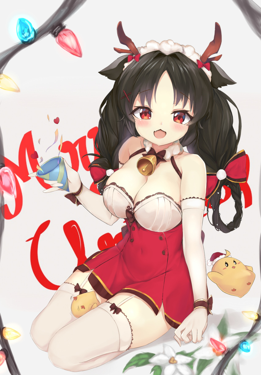 1girl animal_ears azur_lane bare_shoulders bell bell_collar black_hair bow breasts cat_ears chestnut_mouth cleavage collar collarbone commentary covered_navel double-breasted elbow_gloves english_commentary english_text fake_antlers fang fur_collar garter_straps gloves hair_bow hair_ornament hair_rings hairband highres jingle_bell large_breasts looking_at_viewer manjuu_(azur_lane) merry_christmas ooshio_(azur_lane) ooshio_(present_from_a_reindeer)_(azur_lane) open_mouth party_popper red_bow red_eyes ribbon seiza sitting skai_kun sleeveless smile solo thighhighs white_gloves white_legwear wrist_ribbon x_hair_ornament