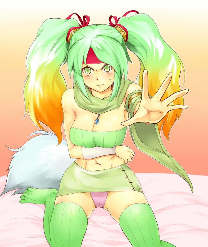 1girl abs anger_vein angry armlet bare_shoulders blush breast_hold breasts commentary_request detached_sleeves duel_monster fur gradient gradient_background gradient_hair green_eyes green_hair green_skirt hair_ribbon hairband highres long_hair looking_at_viewer medium_breasts midriff miniskirt multicolored_hair nasuka@hiyokko navel no_shoes on_bed orange_background orange_hair outstretched_arm panties pantyshot pantyshot_(sitting) parted_hair pink_panties red_headwear reeze_whirlwind_of_gusto ribbon scarf single_detached_sleeve sitting skirt solo strapless symbol-shaped_pupils thighhighs tubetop twintails underwear wariza wavy_mouth wide_sleeves yuu-gi-ou zettai_ryouiki