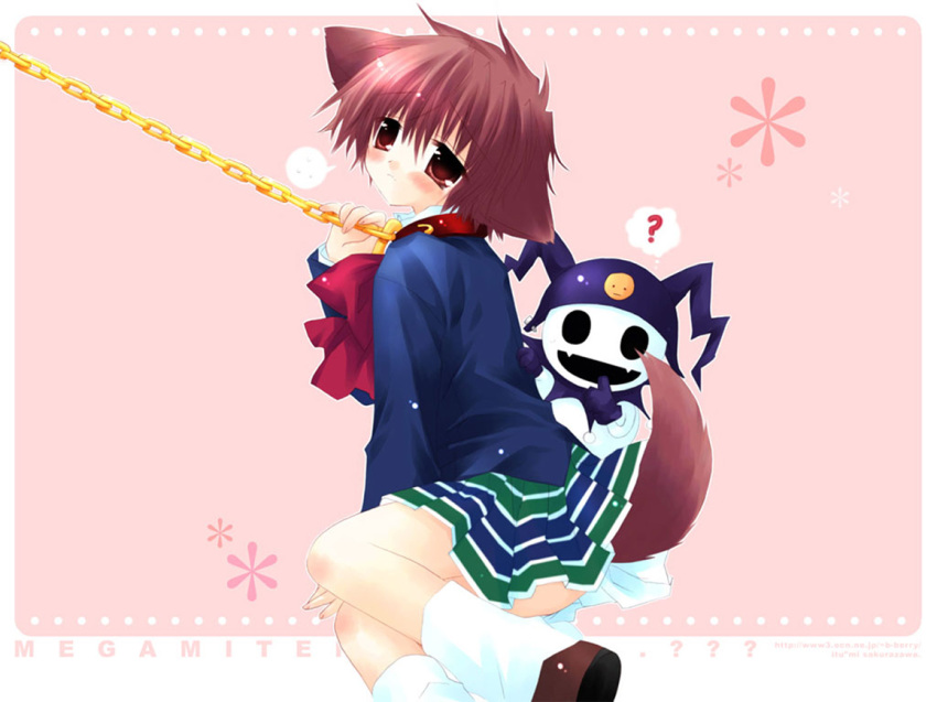 :d ? animal_humanoid arm_support atlus black_eyes blazer blush border bottomwear bow bow_tie canid canid_humanoid canine canine_humanoid capelet chain child clothing collar crossover demon dog_humanoid dog_tail duo embarrassed empty_eyes fangs female female_focus finger_to_mouth fool's_hat footwear frown gesture hair hat head_tilt headgear headwear hinata_(pure_pure) humanoid jack_frost_(megami_tensei) jacket leash legwear loafers long_sleeves looking_back loose_socks lying mammal mammal_humanoid megami_tensei official_art open_mouth pattern_bottomwear pattern_clothing pink_hair pleated_skirt pointing profile pure_pure red_eyes sakurazawa_izumi school_uniform shin_megami_tensei:_if... shoes short_hair simple_background skirt smile smiley_face snow snowflake socks solo_focus speech_bubble spiked_hair spoken_question_mark striped_bottomwear striped_clothing striped_skirt stripes topwear uniform video_games wallpaper white_clothing white_legwear young