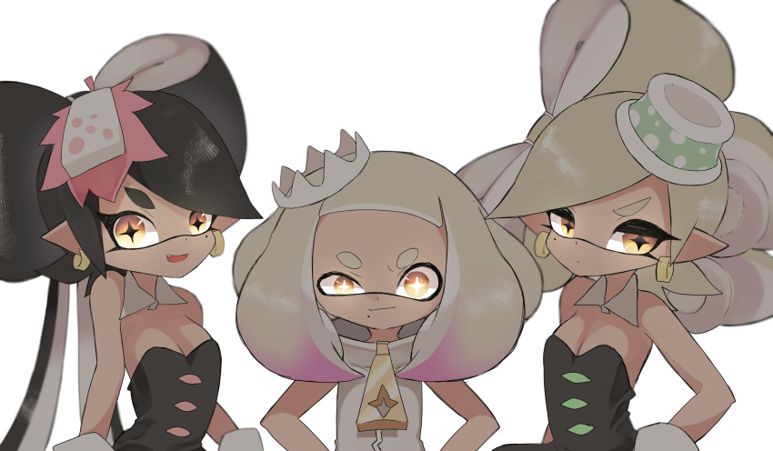 +_+ 3girls absurdres aori_(splatoon) bangs black_dress black_hair black_jumpsuit blunt_bangs breasts brown_eyes cleavage collar commentary_request cousins crown detached_collar domino_mask dress earrings fang frown gloves gradient_hair grey_hair hairband half-closed_eyes highres hime_(splatoon) hotaru_(splatoon) jewelry long_hair looking_at_viewer mask medium_breasts medium_hair mole mole_under_eye mole_under_mouth multicolored_hair multiple_girls open_mouth pink_hair pointy_ears side-by-side simple_background sleeveless sleeveless_dress smile smirk splatoon_(series) splatoon_1 splatoon_2 standing strapless strapless_dress sukeo_(nunswa08) tentacle_hair white_background white_collar white_dress white_gloves white_hairband wing_collar zipper_pull_tab