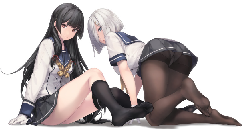 2girls hamakaze_(kancolle) isokaze_(kancolle) kantai_collection long_hair panties pantyhose rokuwata_tomoe school_uniform short_hair underwear white